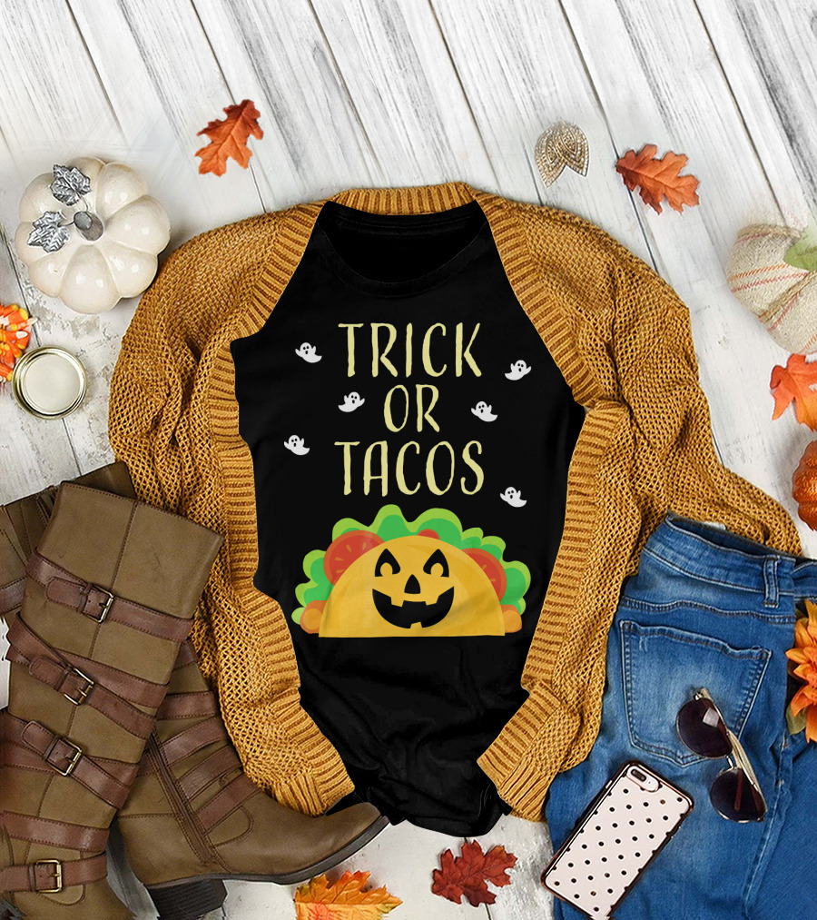 Trick or Tacos Halloween Ghosts with Smiling Taco T-Shirt