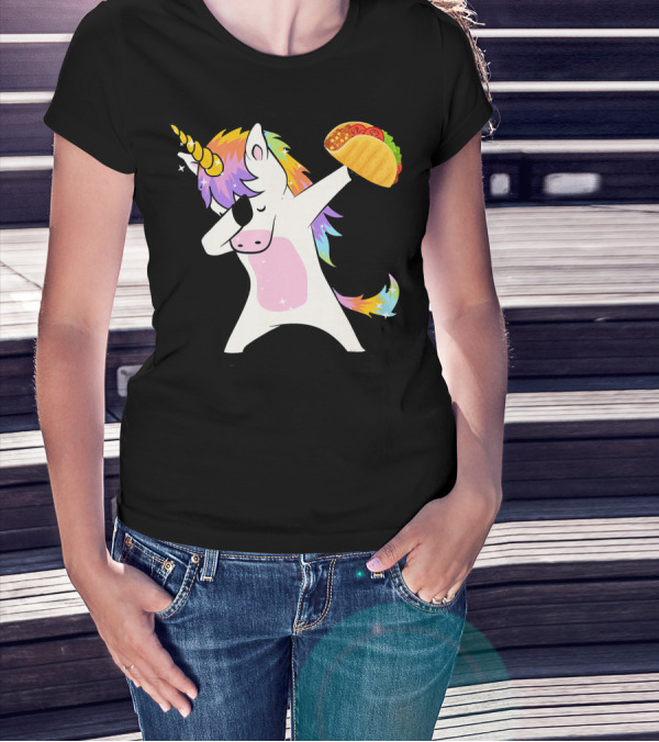 Unicorn Dabbing With Taco And Rainbow Mane T-Shirt