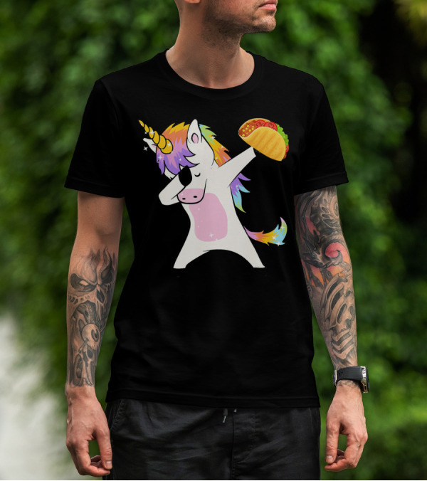 Unicorn Dabbing With Taco And Rainbow Mane T-Shirt