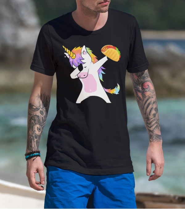 Unicorn Dabbing With Taco And Rainbow Mane T-Shirt