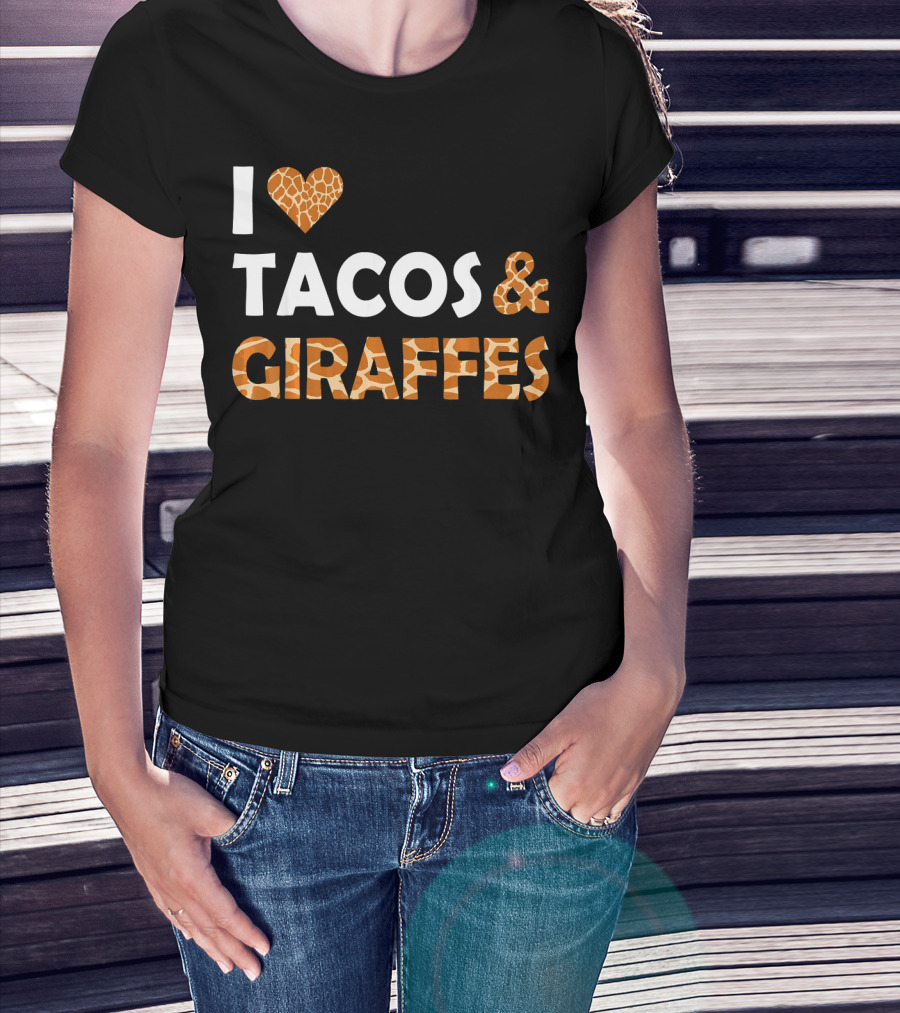 I Love Tacos And Giraffes Giraffe Print Heart T-Shirt