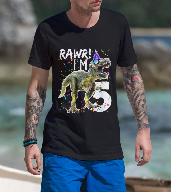Rawr I'm 5 Dinosaur Birthday Party Hat Confetti T-Shirt