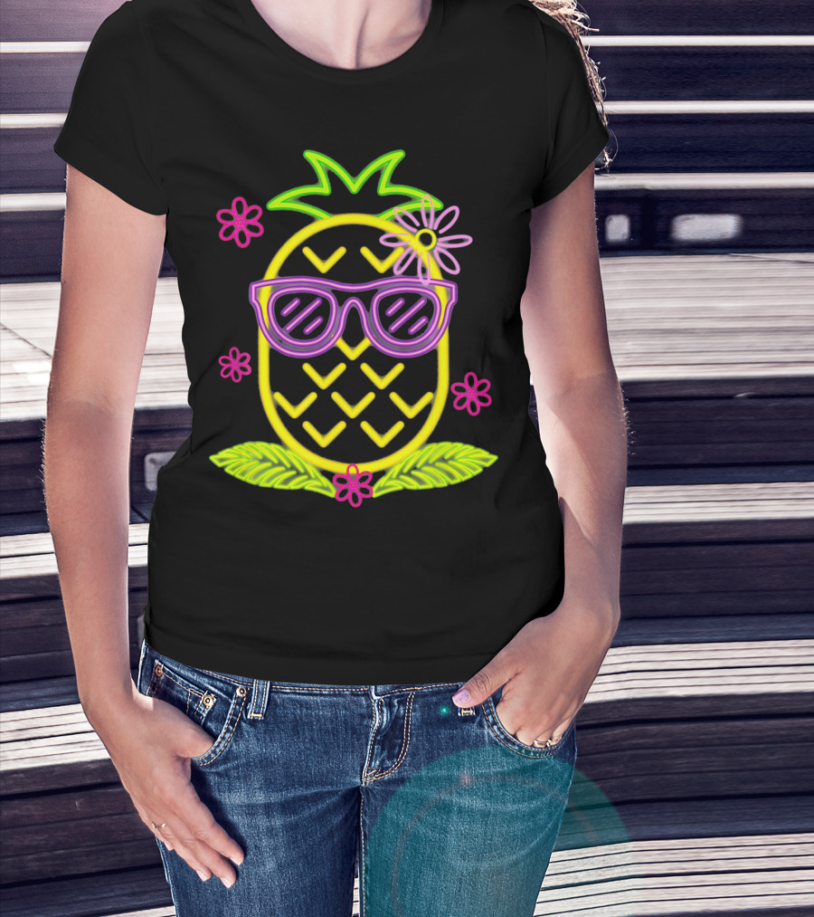 Neon Pineapple With Sunglasses And Flowers Luau Party Vibes T-Shirt