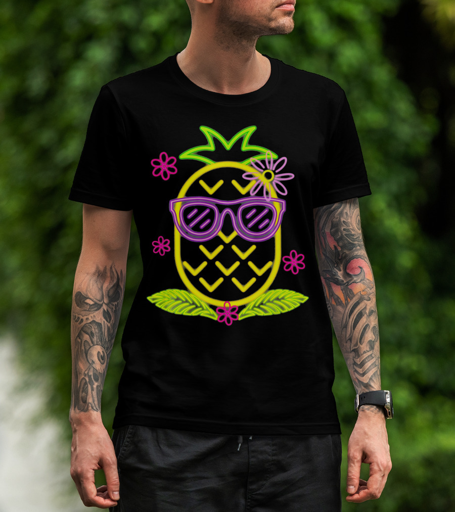 Neon Pineapple With Sunglasses And Flowers Luau Party Vibes T-Shirt