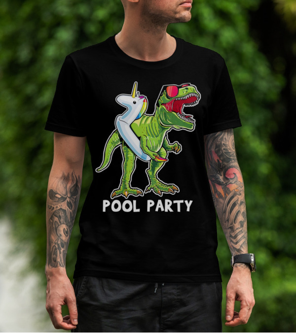Pool Party Rex Dinosaur With Unicorn Float And Sunglasses T-Shirt
