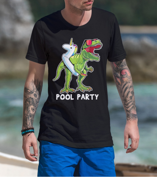 Pool Party Rex Dinosaur With Unicorn Float And Sunglasses T-Shirt