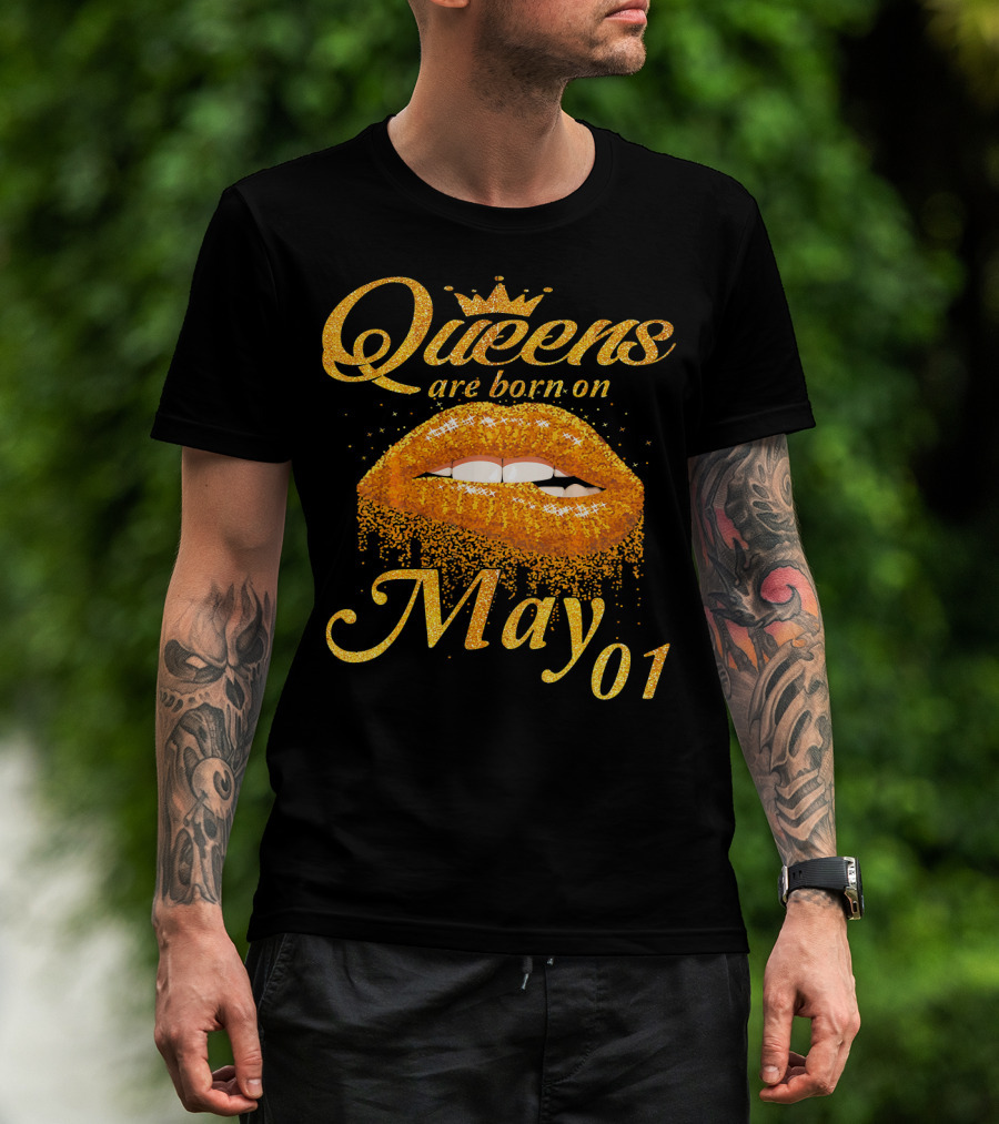 Queens Are Born On May 01 Gold Lips Crown Sparkle T-Shirt