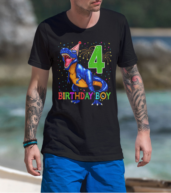Birthday Boy 4 Dinosaur Party Hat Fireworks T-Shirt