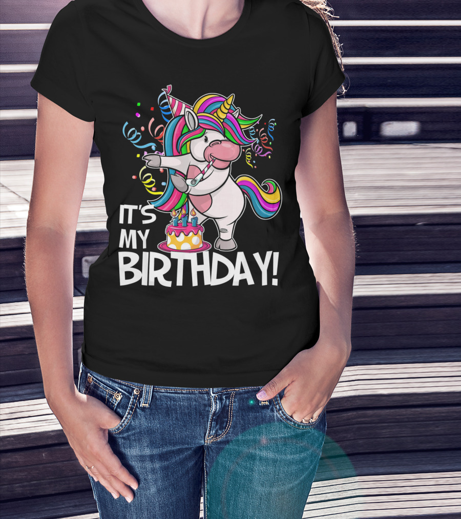 IT'S MY BIRTHDAY Flossing Unicorn Party With Cake And Confetti T-Shirt