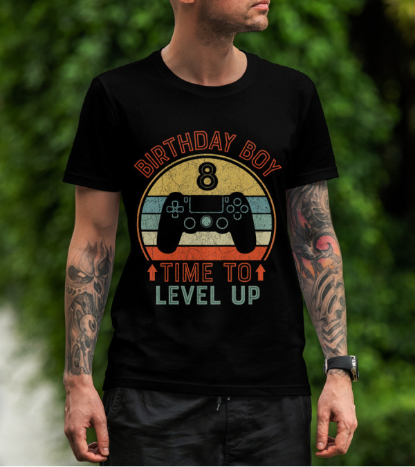 Birthday Boy 8 Time To Level Up Vintage Gaming Controller Retro Stripes T-Shirt