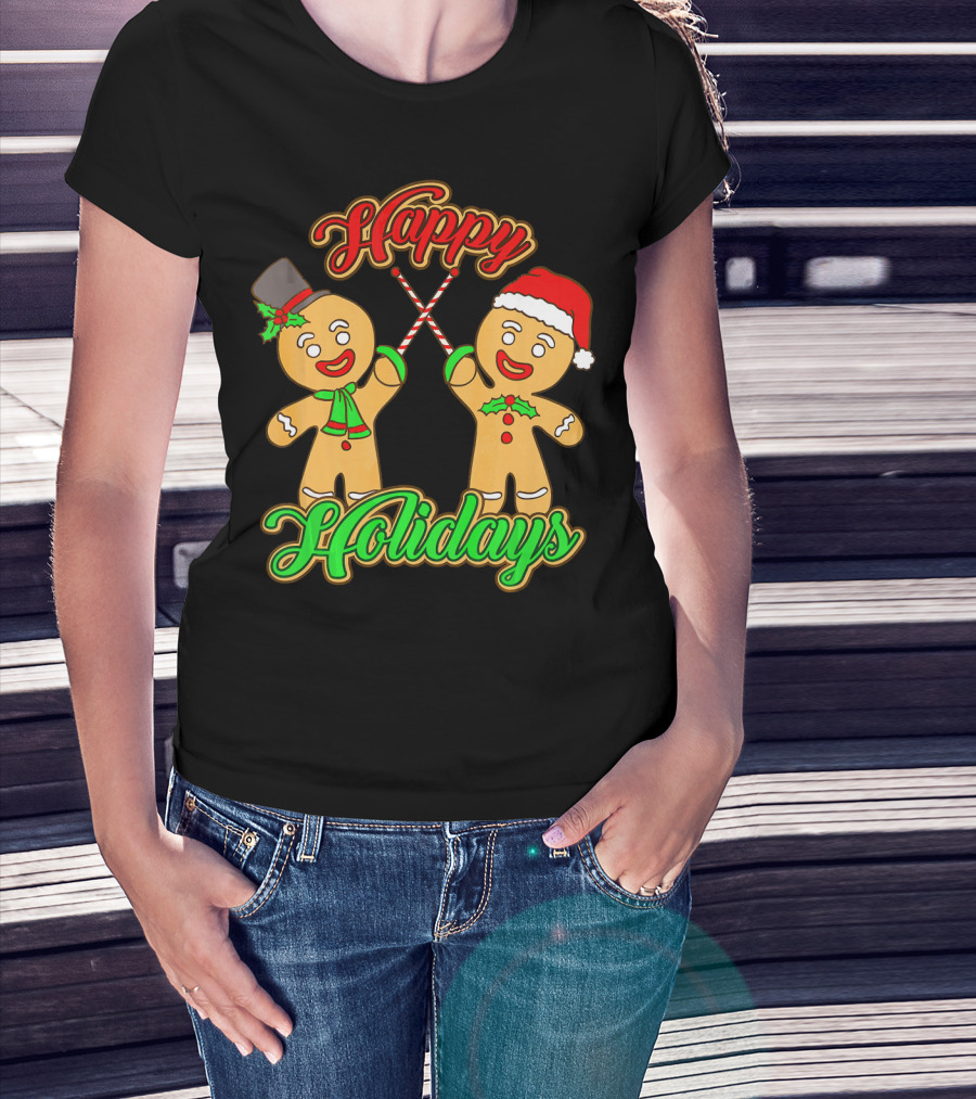Happy Holidays Gingerbread Men Fencing With Candy Canes T-Shirt