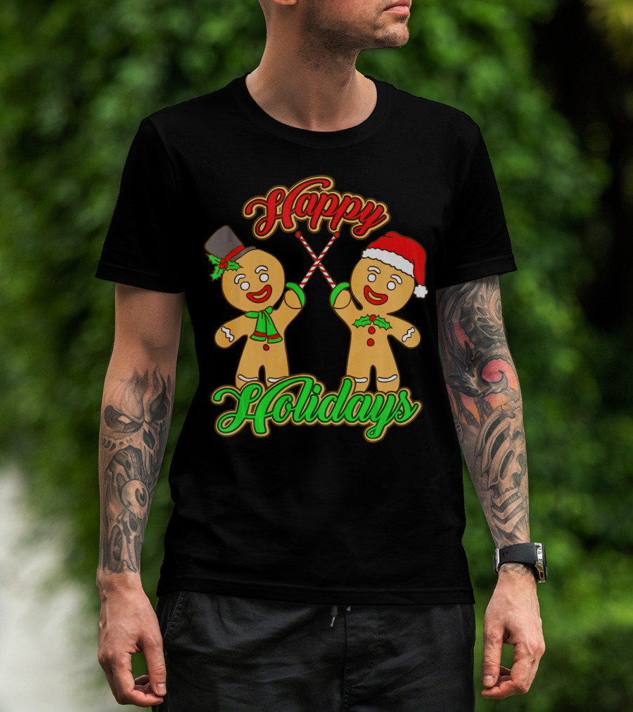 Happy Holidays Gingerbread Men Fencing With Candy Canes T-Shirt