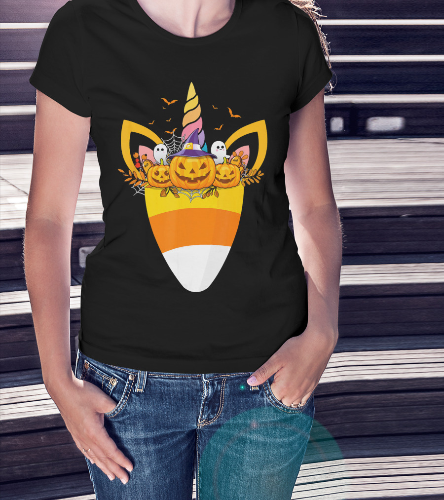 Unicorn Candy Corn Pumpkin Ghost Halloween Boo T-Shirt