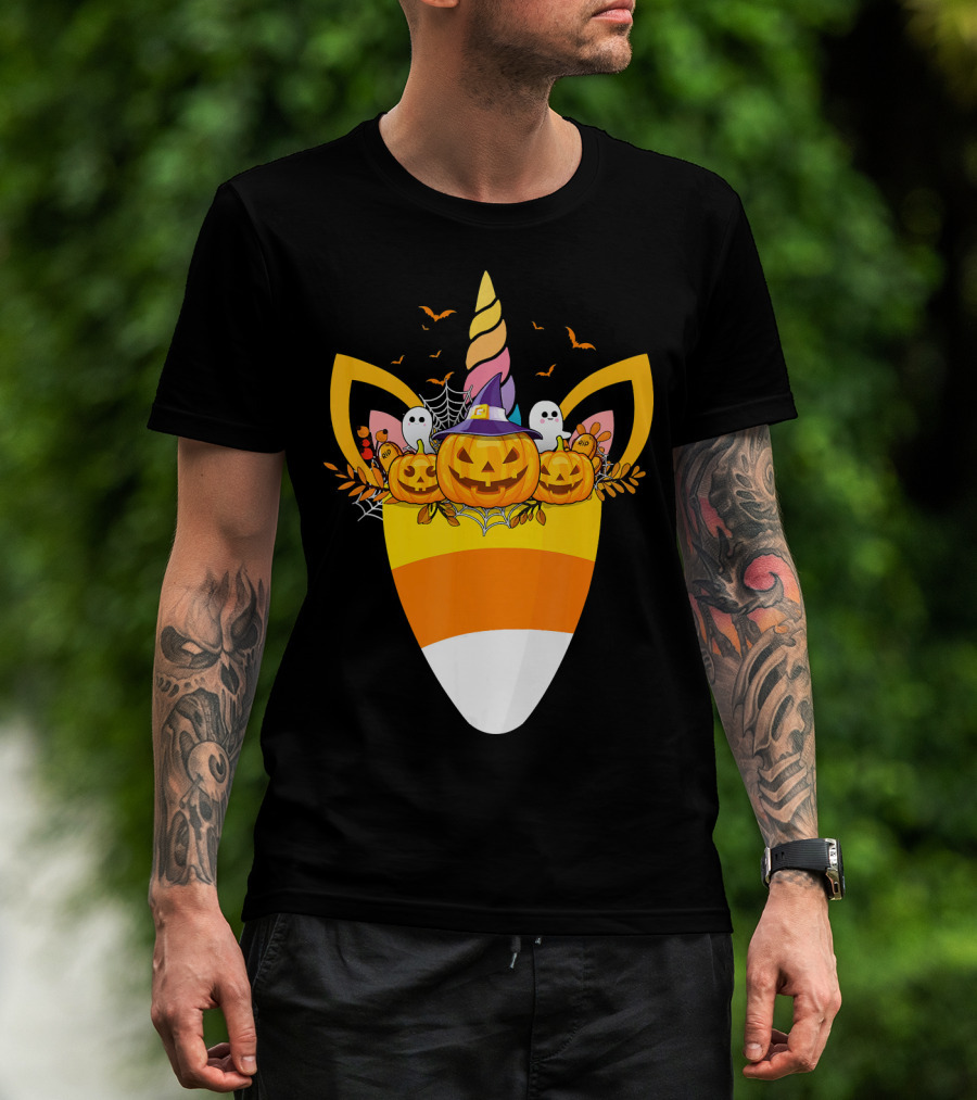Unicorn Candy Corn Pumpkin Ghost Halloween Boo T-Shirt