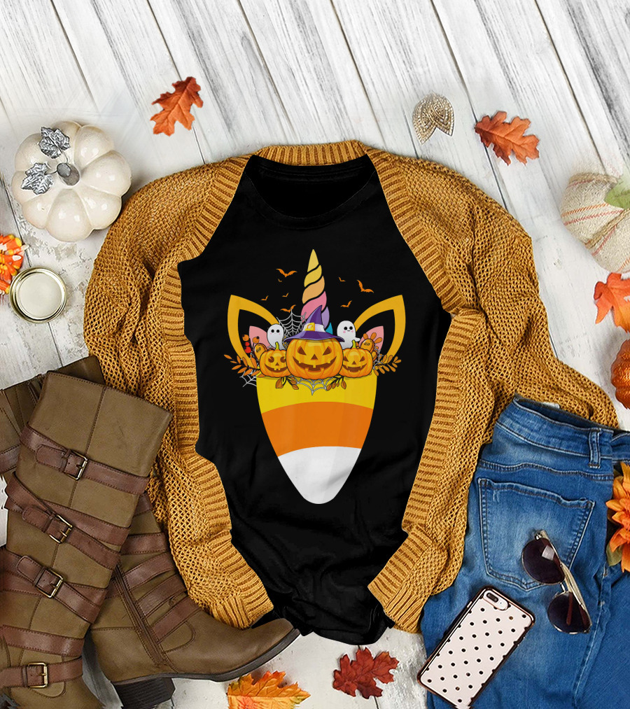 Unicorn Candy Corn Pumpkin Ghost Halloween Boo T-Shirt