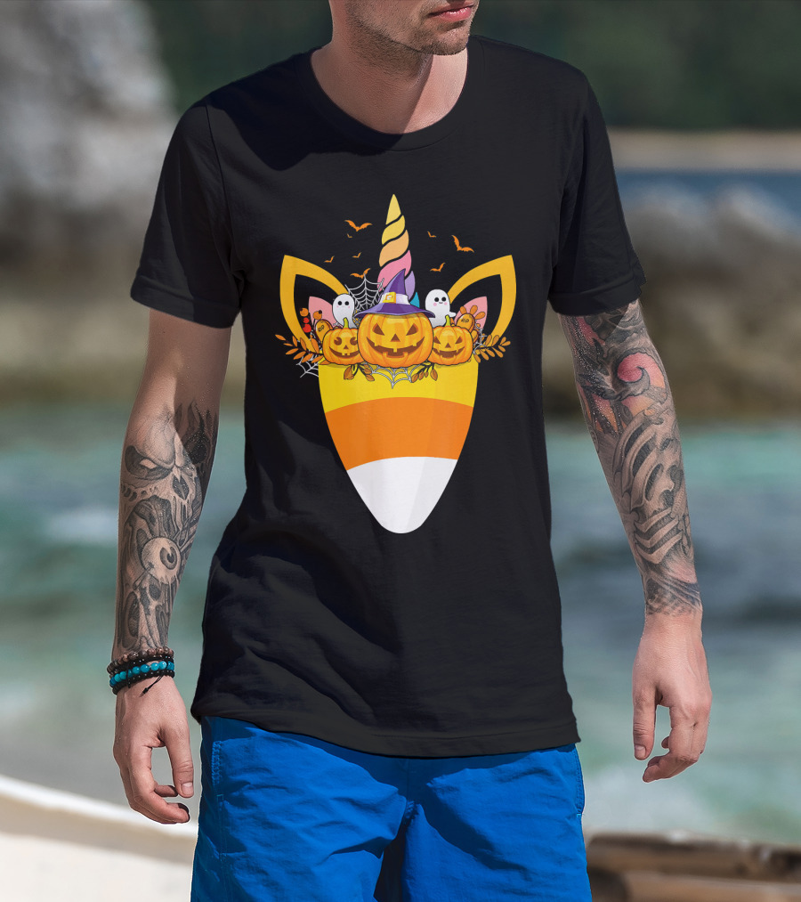 Unicorn Candy Corn Pumpkin Ghost Halloween Boo T-Shirt