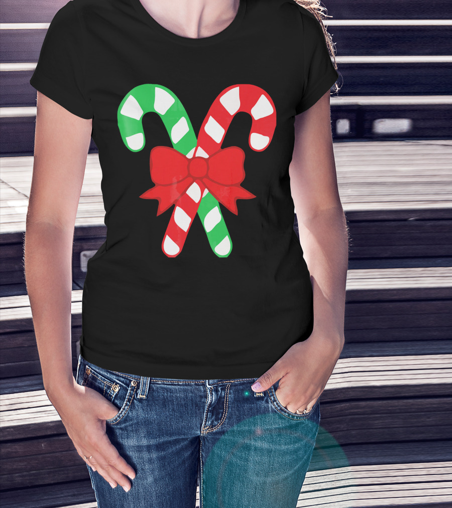 Candy Canes Christmas Holiday Red Bow Iconic Symbols T-Shirt