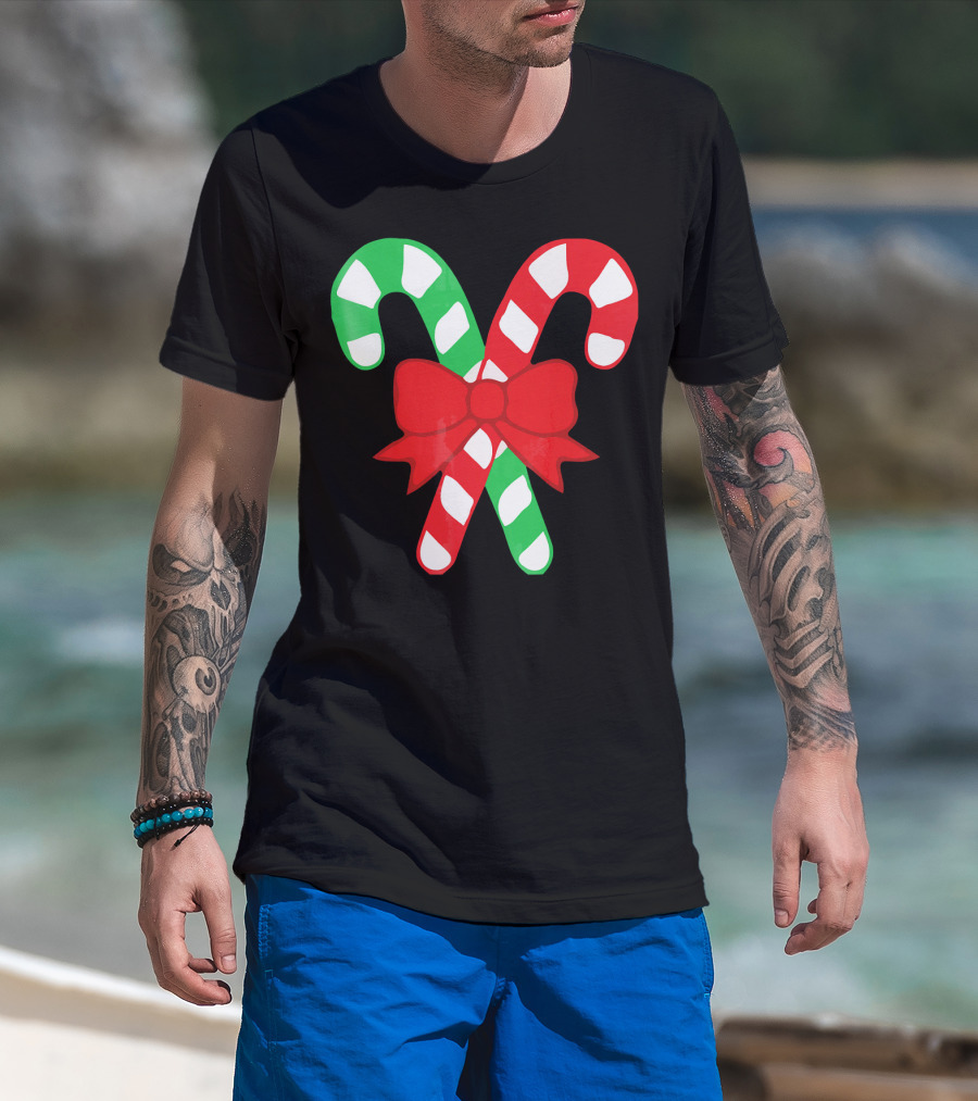 Candy Canes Christmas Holiday Red Bow Iconic Symbols T-Shirt