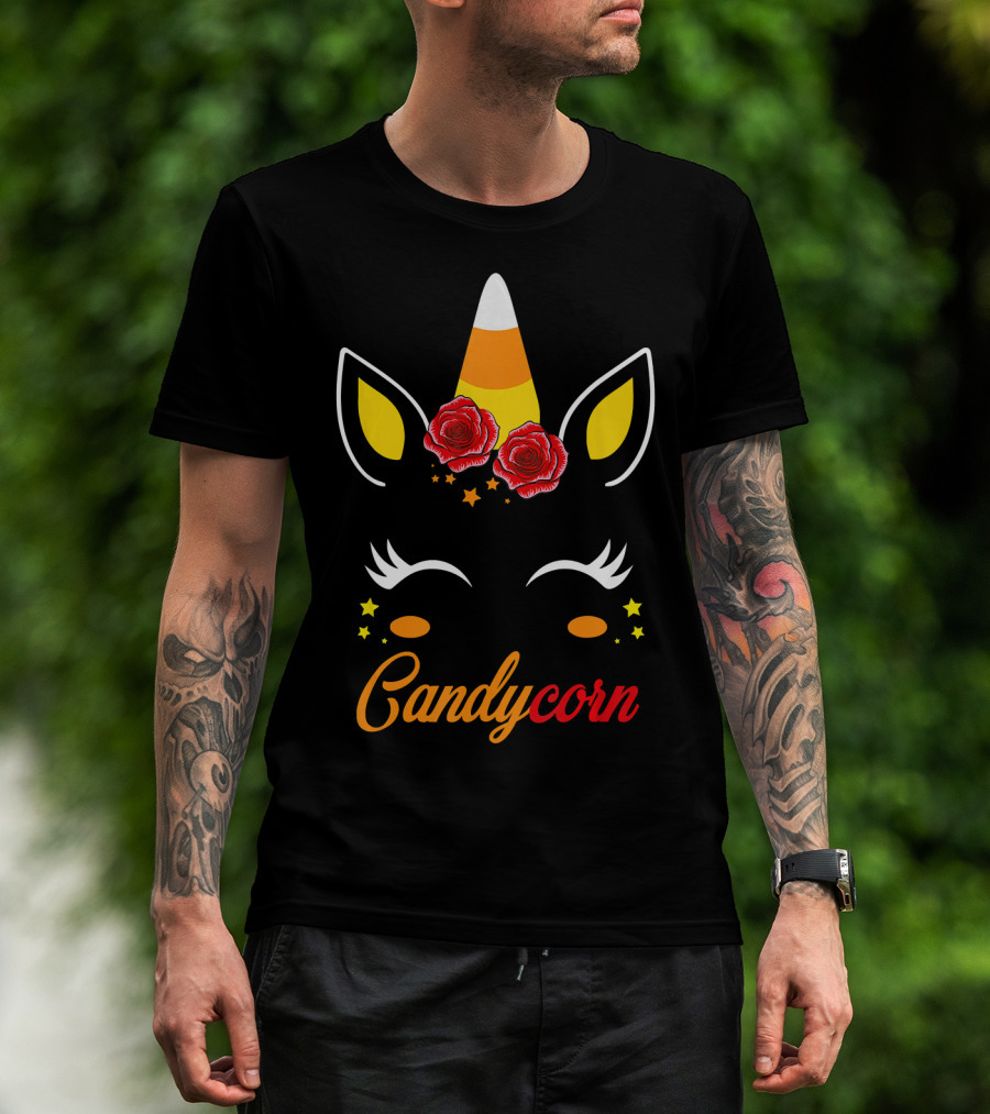 Candycorn Unicorn With Roses And Stars T-Shirt