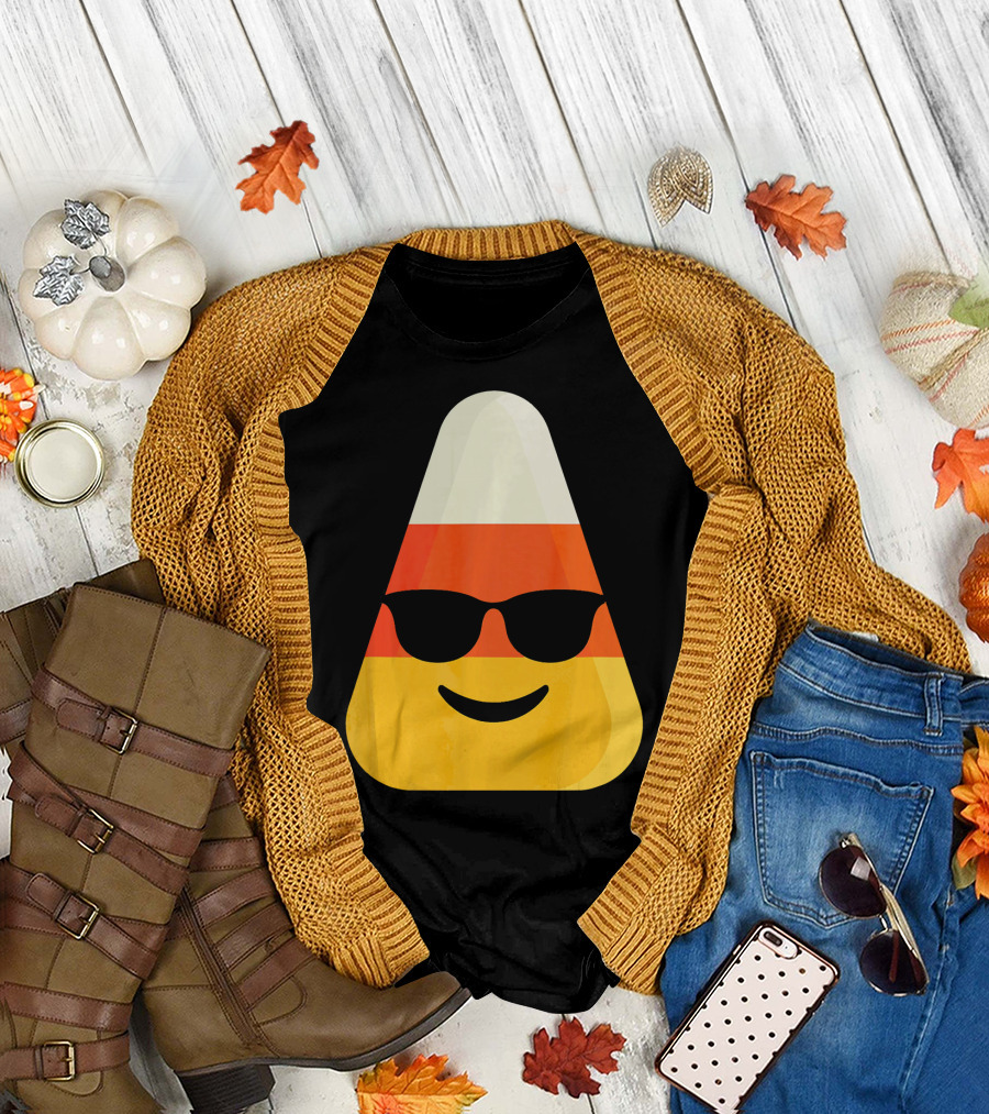 Candy Corn Emoji with Sunglasses Cool Shades T-Shirt