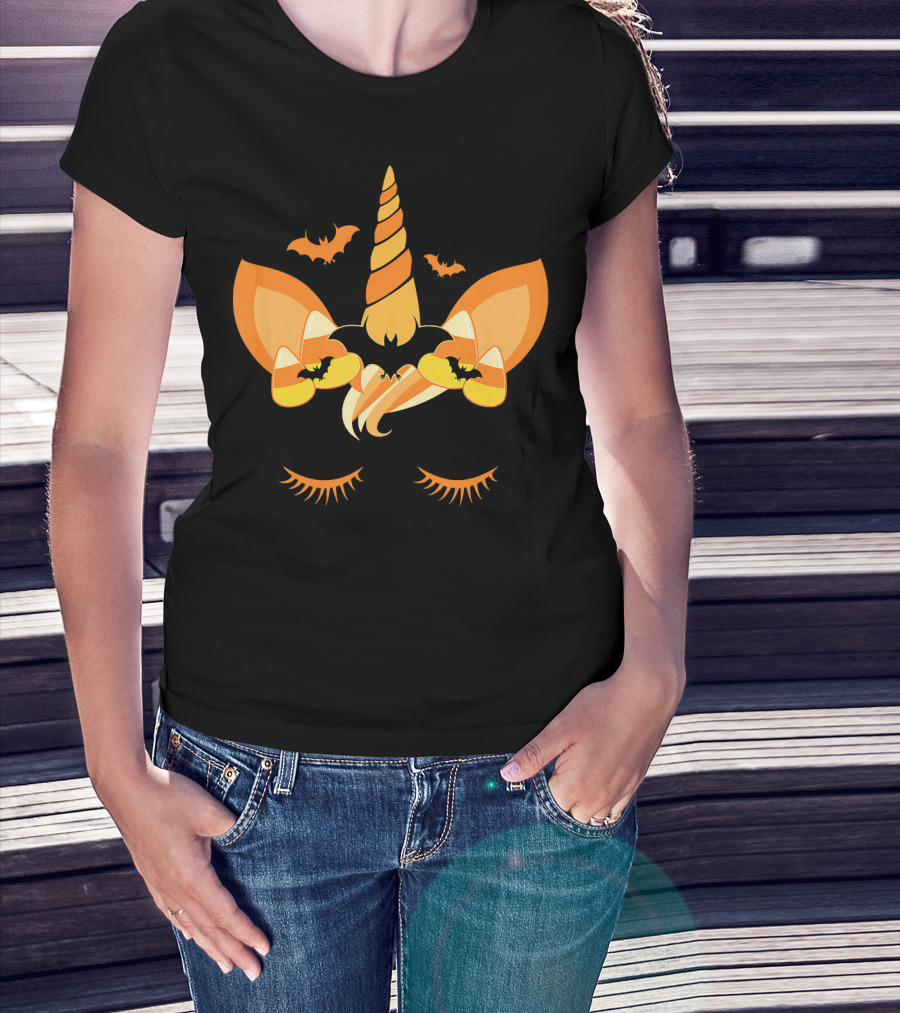 Halloween Unicorn Candy Corn Bat Ears Eyelashes T-Shirt