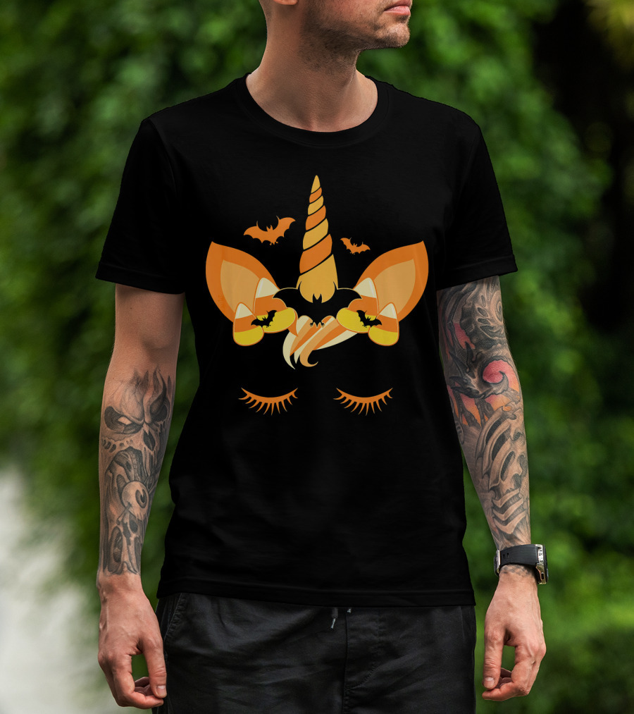 Halloween Unicorn Candy Corn Bat Ears Eyelashes T-Shirt