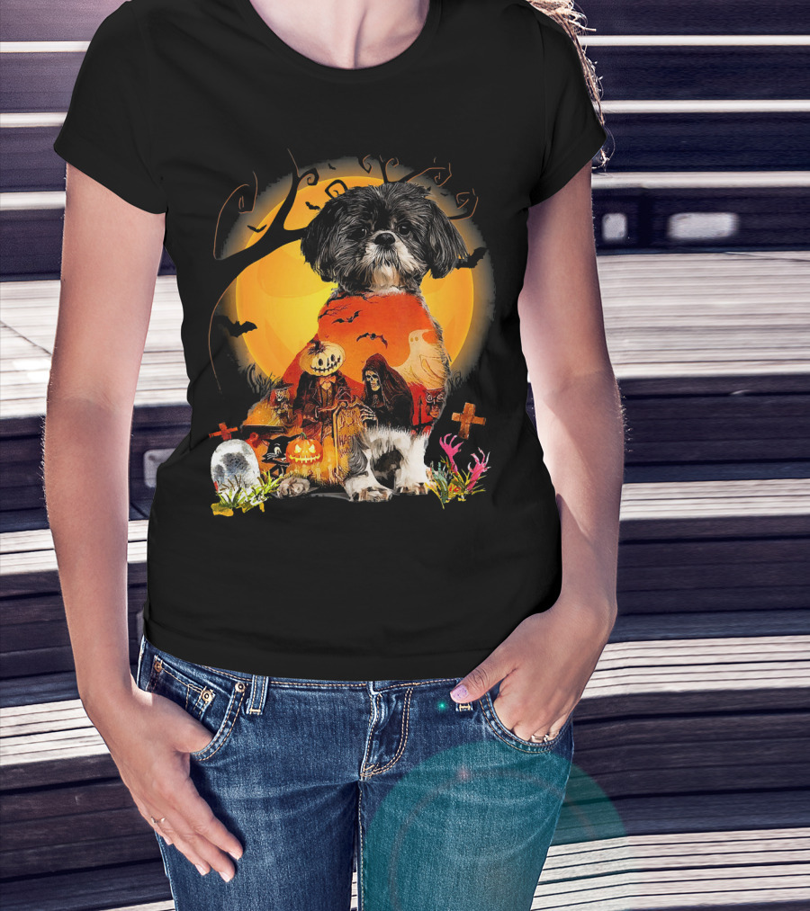 Shih Tzu Halloween Night With Pumpkins, Ghosts, And Full Moon T-Shirt