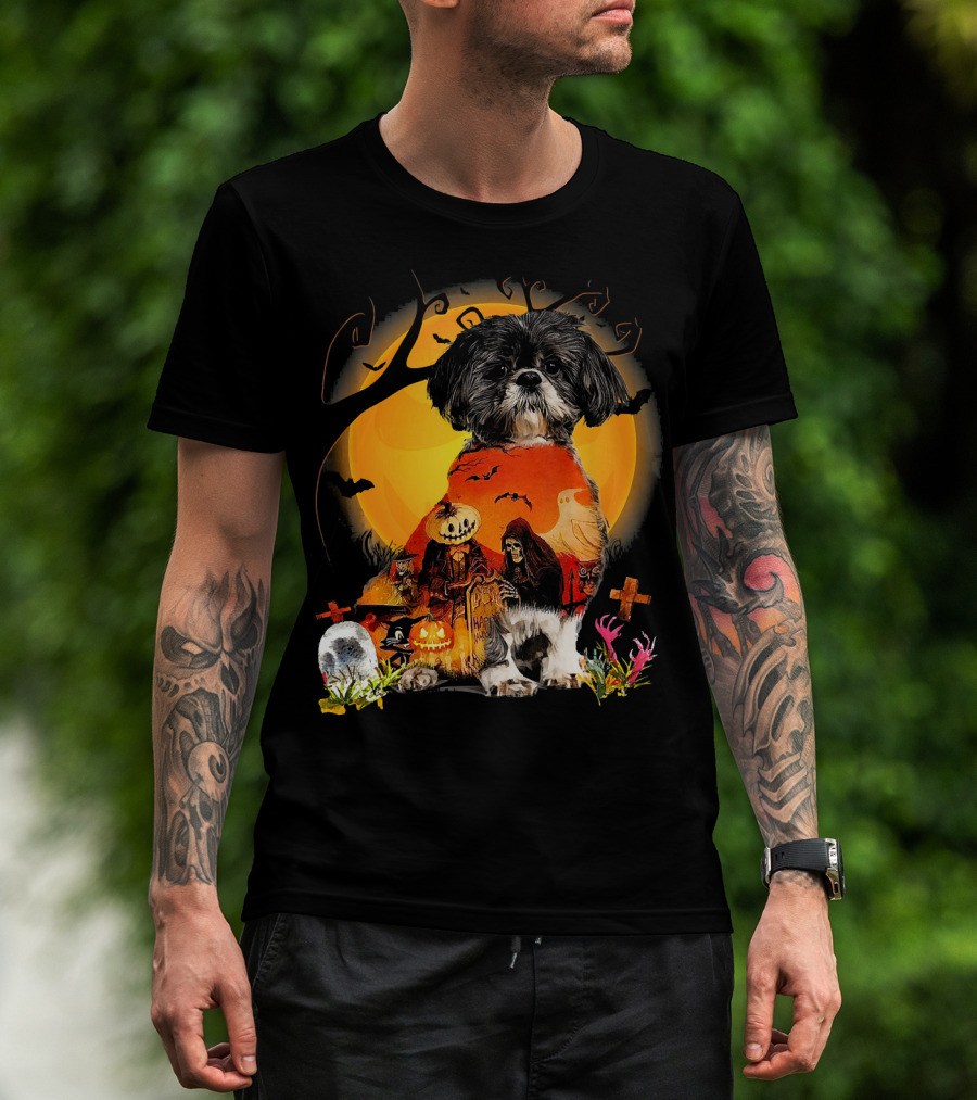 Shih Tzu Halloween Night With Pumpkins, Ghosts, And Full Moon T-Shirt