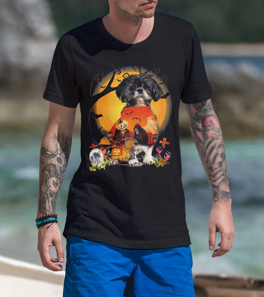 Shih Tzu Halloween Night With Pumpkins, Ghosts, And Full Moon T-Shirt