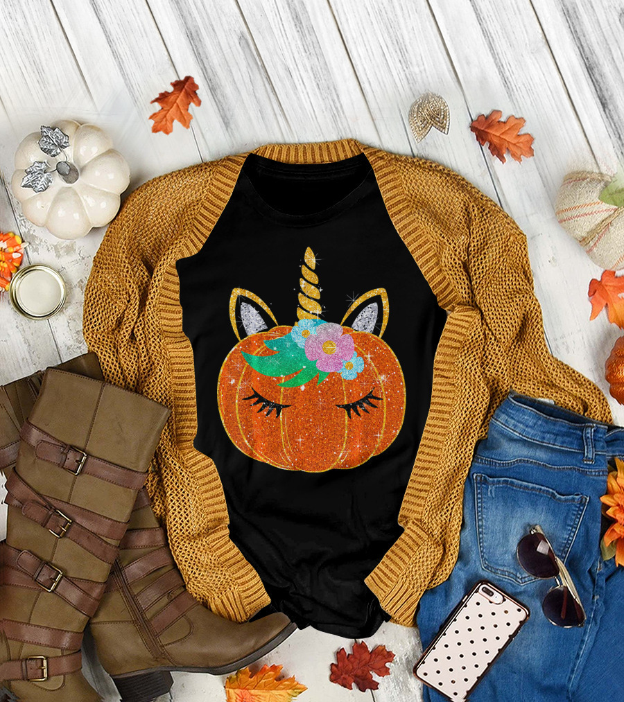 Sparkly Unicorn Pumpkin Halloween T-Shirt