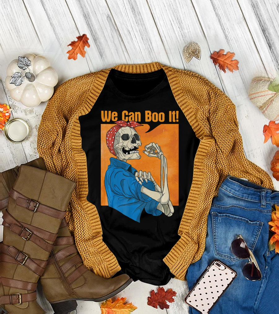 Funny Halloween Vintage Skeleton Rosie the Riveter We Can Boo It T-Shirt