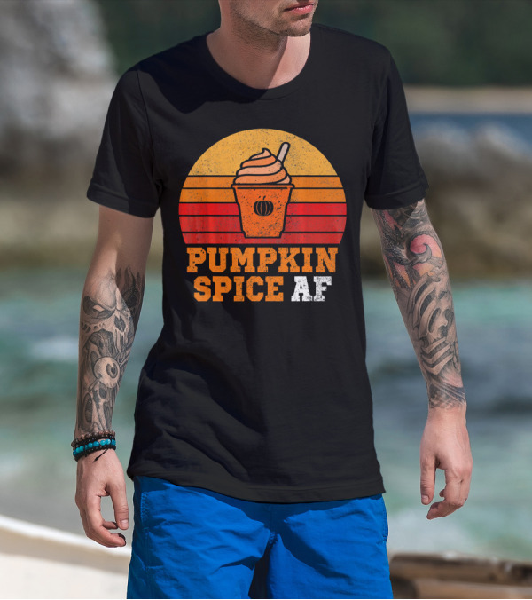Pumpkin Spice AF Funny Men Husband Pumpkin Cup Retro Stripes T-Shirt