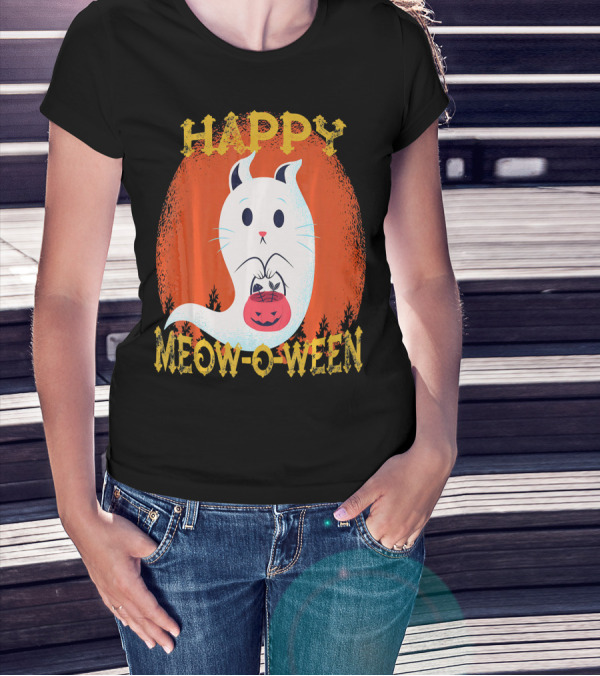 Happy Meow O Ween Cat Ghost With Pumpkin Bag T-Shirt