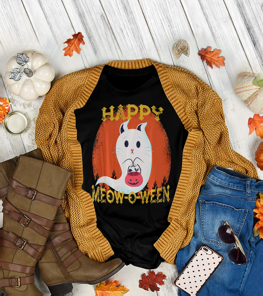 Happy Meow O Ween Cat Ghost with Pumpkin Bag T-Shirt