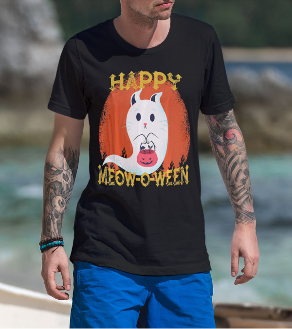 Happy Meow O Ween Cat Ghost With Pumpkin Bag T-Shirt