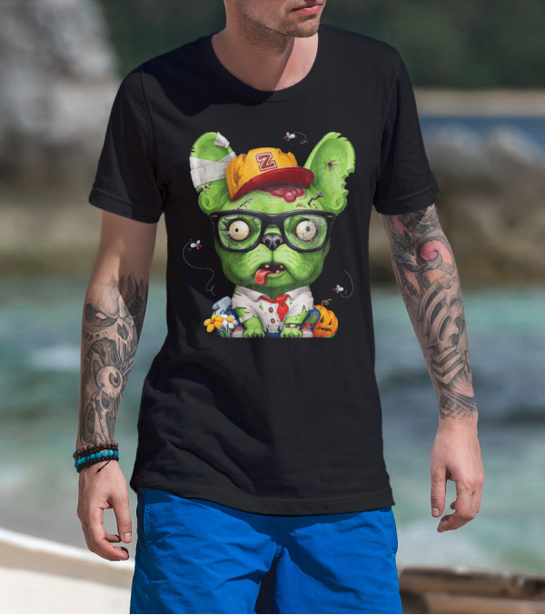 French Bulldog Wearing Zombie Glasses Halloween Hat T-Shirt