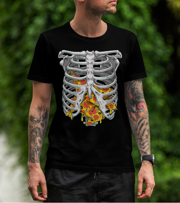 Skeleton Rib Cage Halloween Pizza Slices Inside T-Shirt