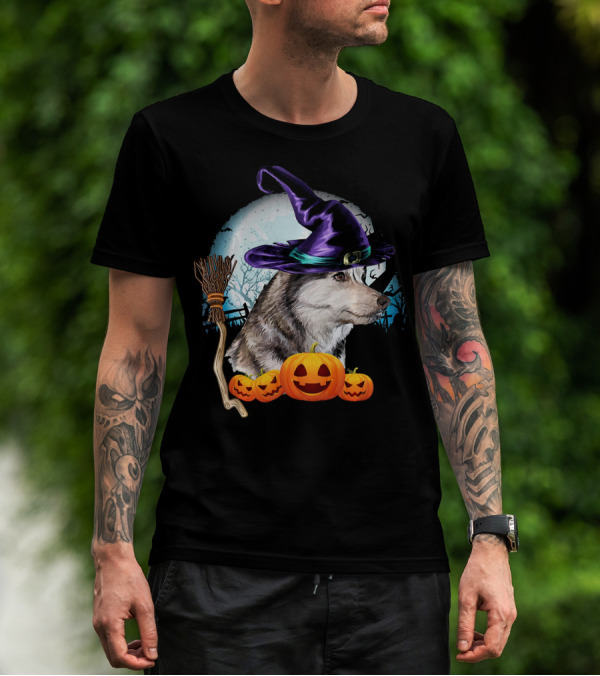 Husky In Witch Hat With Pumpkins And Broom Halloween Scene T-Shirt