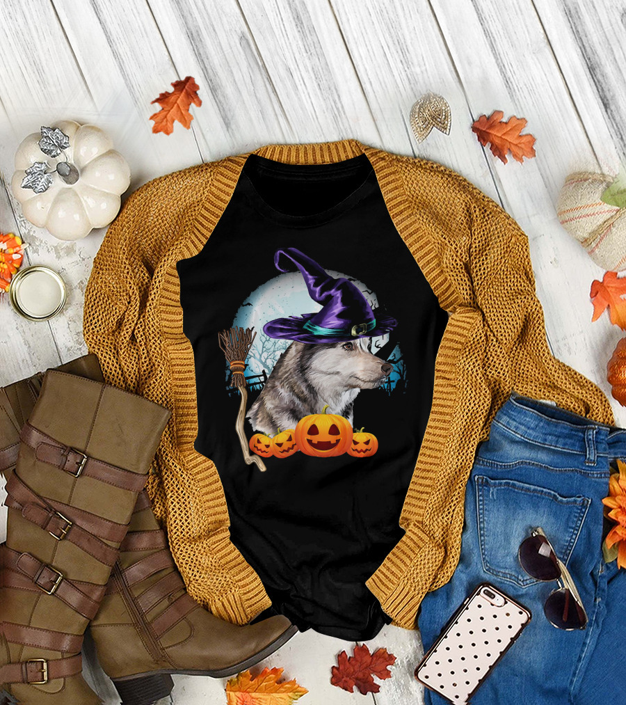 Husky in Witch Hat with Pumpkins and Broom Halloween Scene T-Shirt