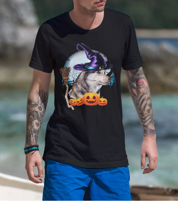 Husky In Witch Hat With Pumpkins And Broom Halloween Scene T-Shirt