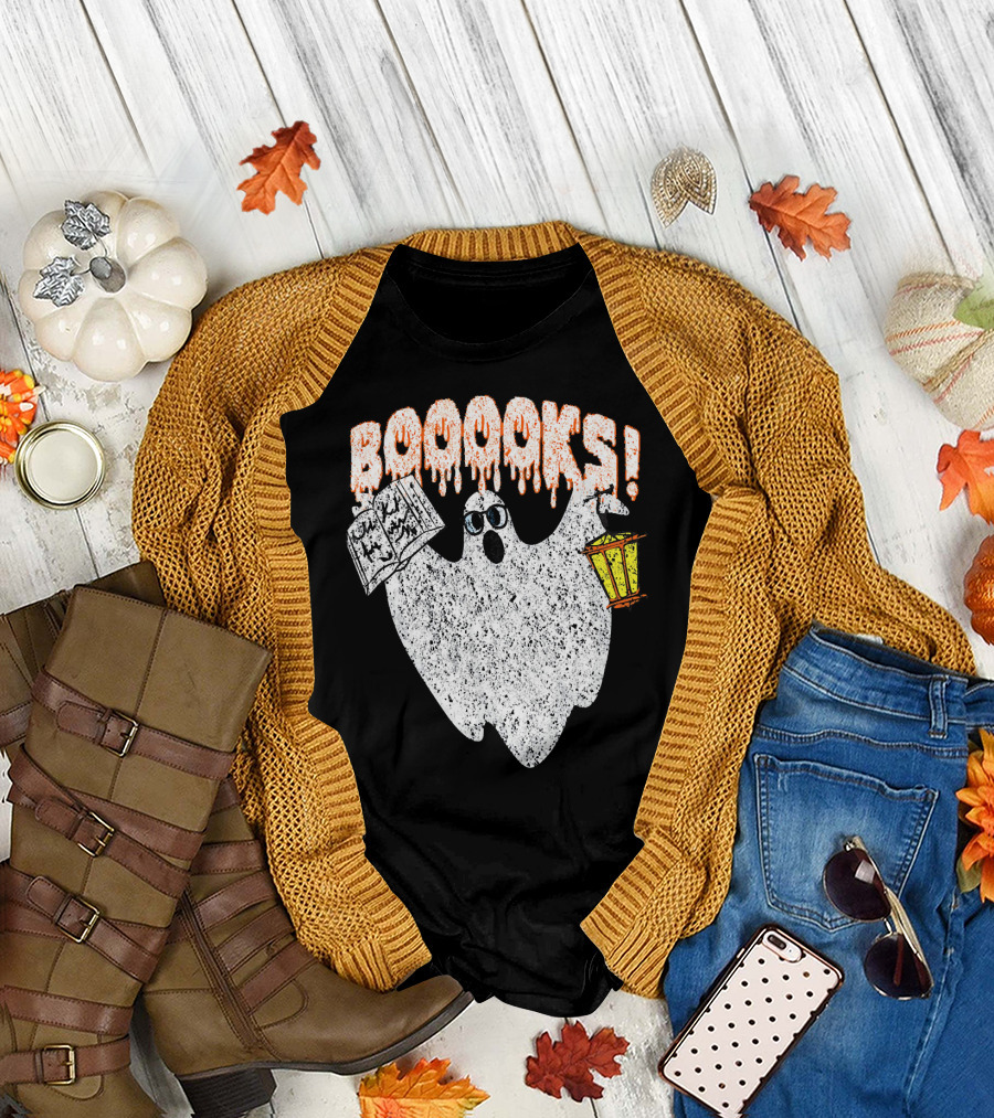 Booooks Spooky Ghost with Open Scary Book and Lantern T-Shirt