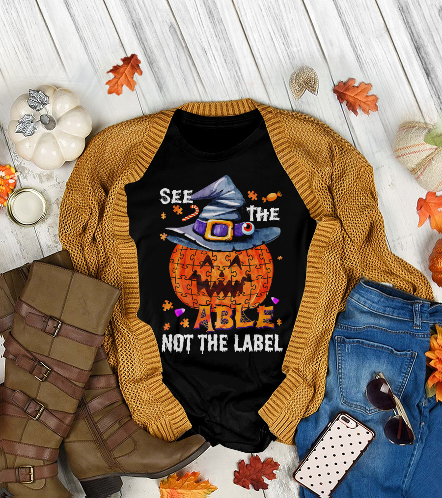 See the Able Not the Label Autism Awareness Halloween Pumpkin Puzzle Hat T-Shirt