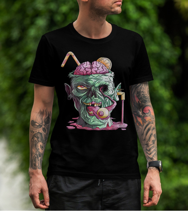 Zombie Face Brain Halloween Zombies Straw Brain Drink Eyeball Tongue T-Shirt
