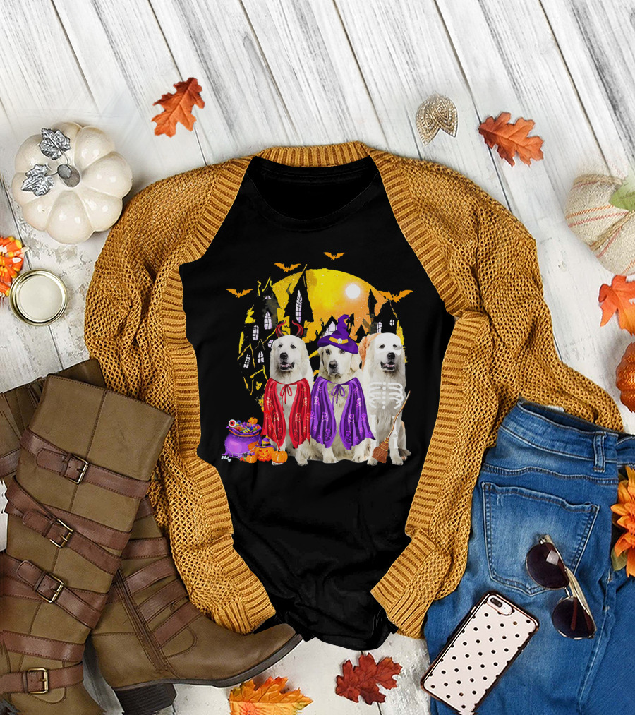 Great Pyrenees Dog Family Of Three Halloween Costumes Moonlit Night T-Shirt