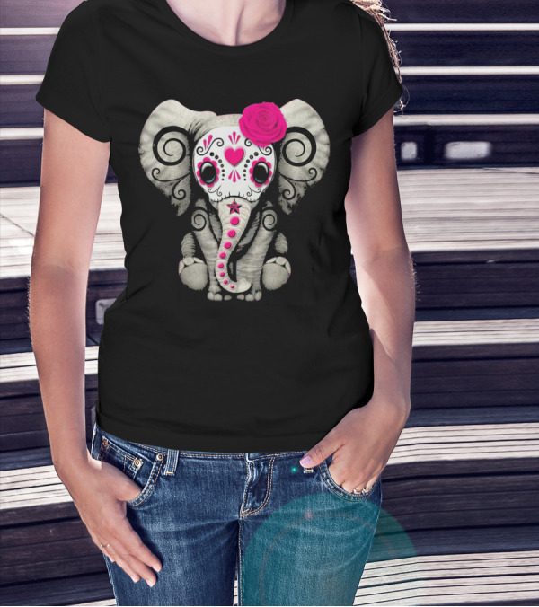 Dead Sugar Skull Elephant Pink Flower T-Shirt