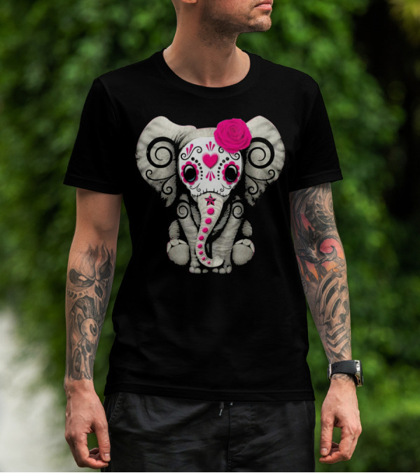 Dead Sugar Skull Elephant Pink Flower T-Shirt