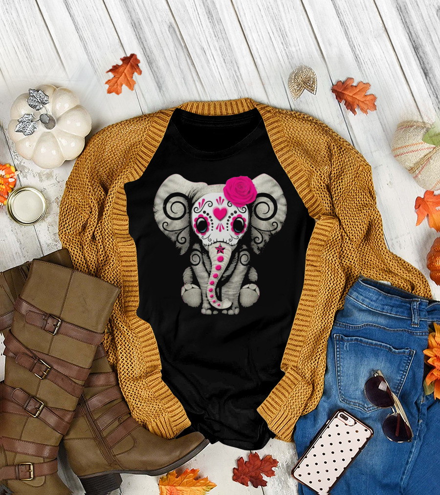 Dead Sugar Skull Elephant Pink Flower T-Shirt