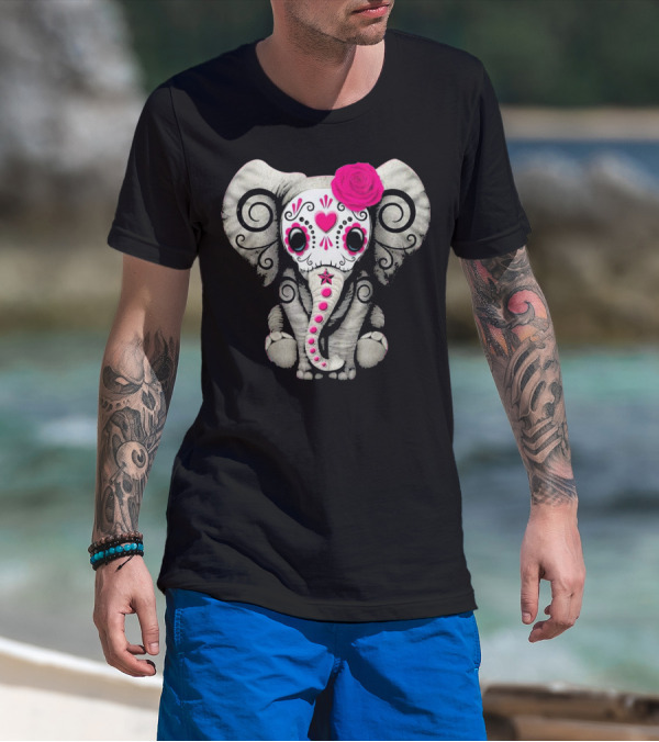 Dead Sugar Skull Elephant Pink Flower T-Shirt
