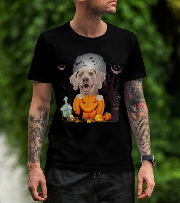 Weimaraner Dog In Halloween Pumpkin With Bats And Black Cat T-Shirt