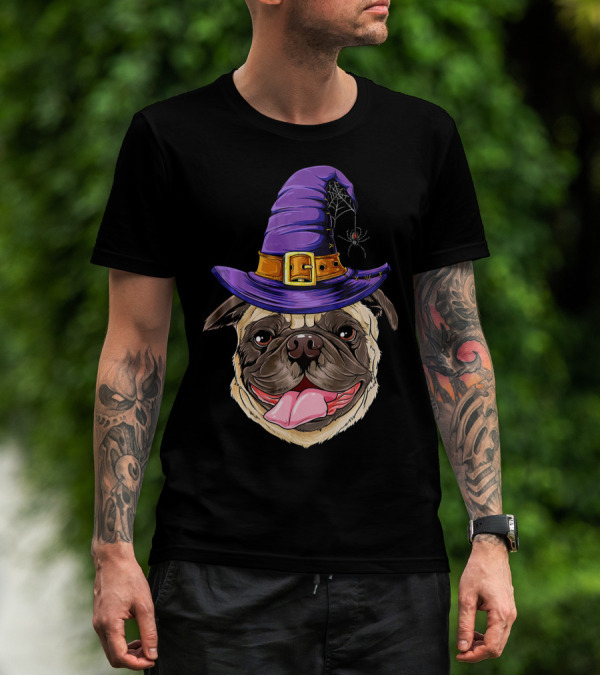 Pug With Witch Hat And Spider Halloween T-Shirt